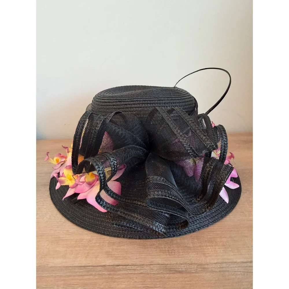 Giovannio New York Black Sun Hat Pink Orchid Floral Mesh Bow Kentucky Derby Hat